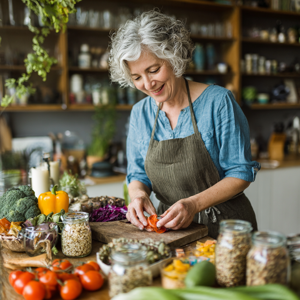 Mature woman preparing colorful nutritious meal with various dietary options including vegetables and grains