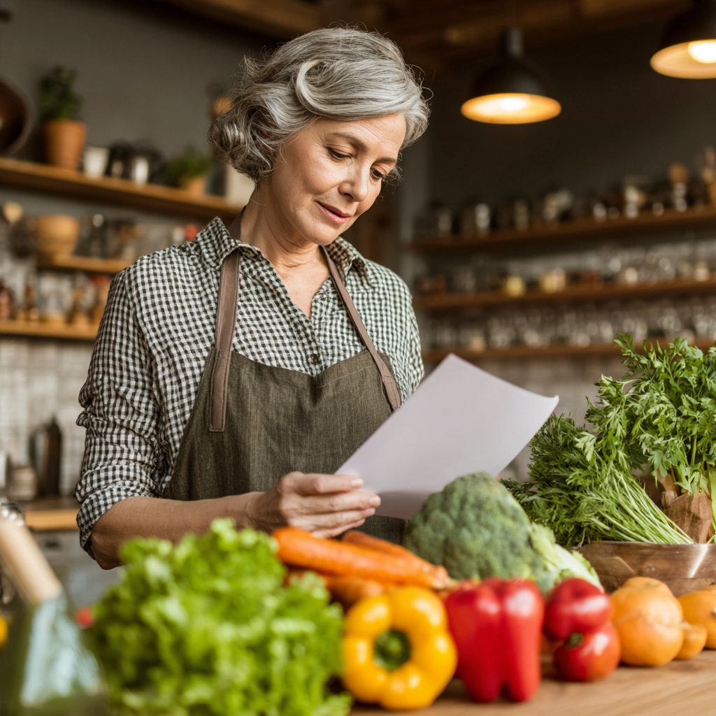 Middle-aged woman reviewing personalized meal plans with fresh vegetables and healthy ingredients on kitchen counter